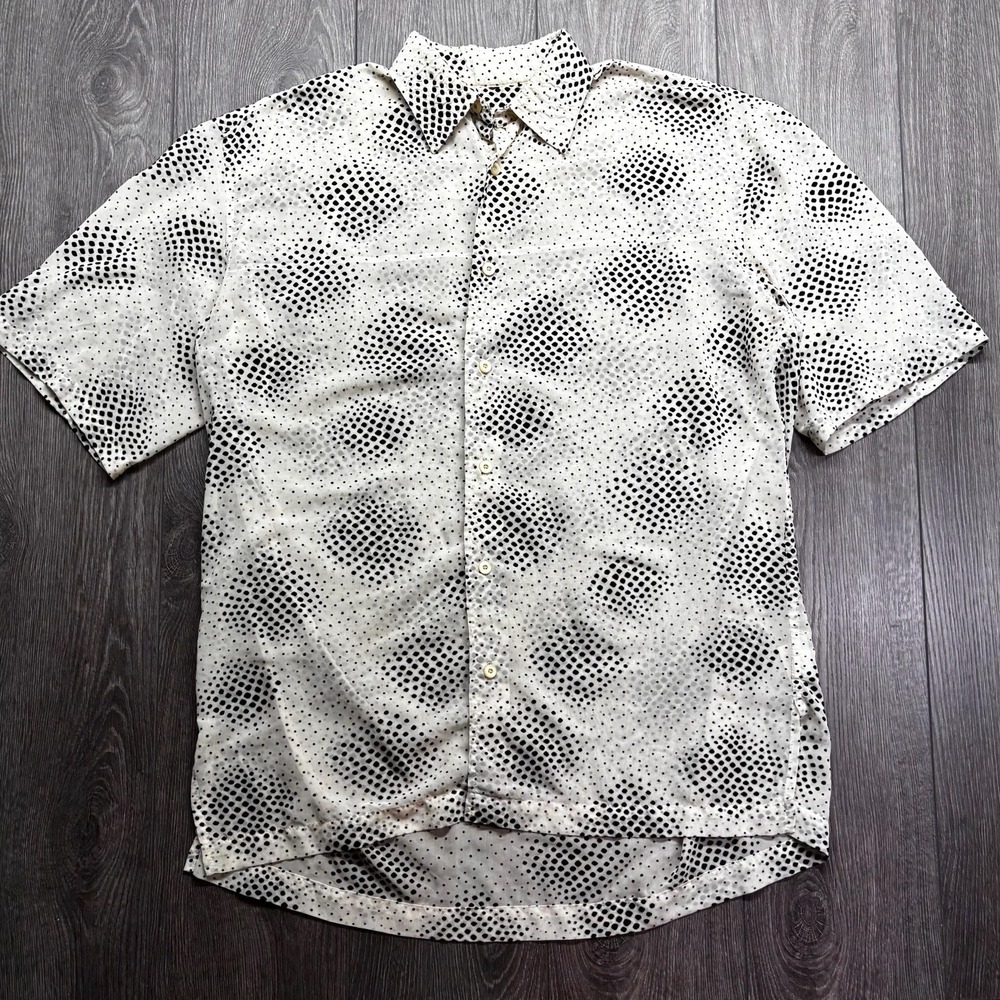 Vintage 1980s Polka Dot Mesh Button Up Shirt XL Vacation Beach White